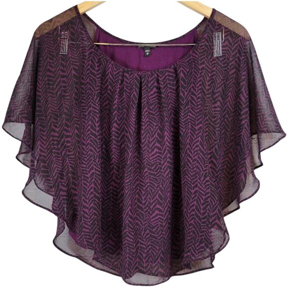 EXPRESS Purple Black Chevron Print Sheer Overlay‎ Capelet Blouse Top XS - Picture 2 of 6